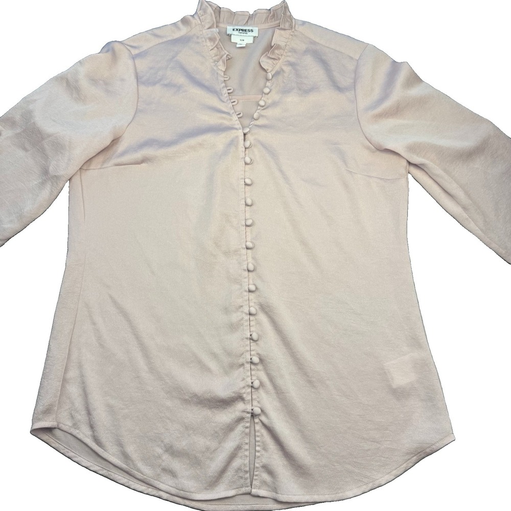 Express Slim Ruffle Neck Roll-Tab Sleeve Pink Covered Buttons Shirt Sz M